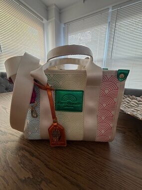 Kurt Geiger Canvas Tote Handbag with Pink, Green and Cream Accents